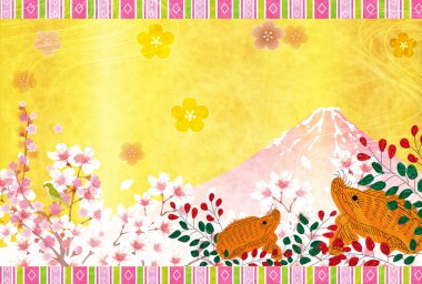 yaban domuzu yeni yıl kartı Fuji arka plan