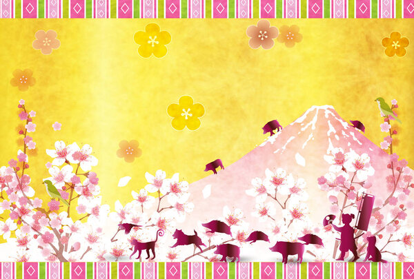 boar New Year card  Fuji background