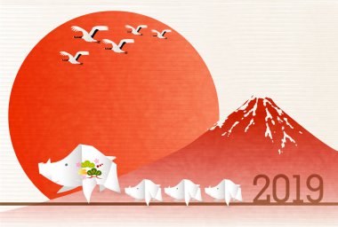 yaban domuzu yeni yıl kartı Fuji arka plan