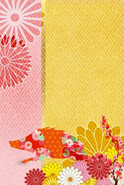 Yaban domuzu yeni yıl kartı Japon Kağıt arka plan