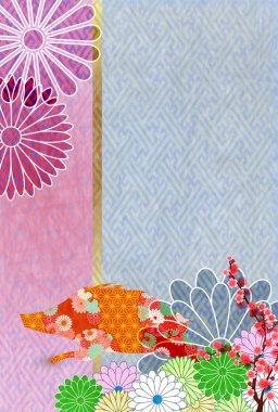 Yaban domuzu yeni yıl kartı Japon Kağıt arka plan