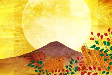 yaban domuzu yeni yıl kartı Fuji arka plan