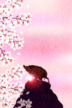 Yaban domuzu yeni yıl kartı Japon Kağıt arka plan