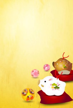 Yaban domuzu yeni yıl kartı Japon Kağıt arka plan