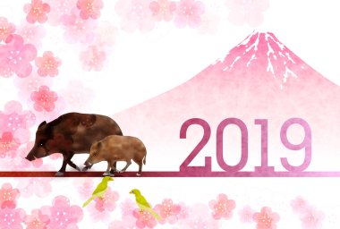 yaban domuzu yeni yıl kartı Fuji arka plan