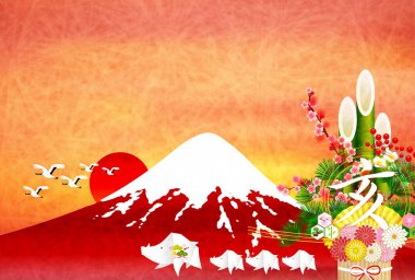 yaban domuzu yeni yıl kartı Fuji arka plan