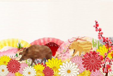 yaban domuzu Japon kağıt yeni yıl kartı arka plan