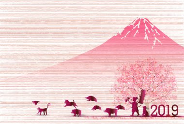 yaban domuzu yeni yıl kartı Fuji arka plan