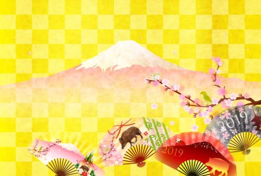 yaban domuzu yeni yıl kartı Fuji arka plan