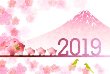 yaban domuzu yeni yıl kartı Fuji arka plan