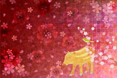 Yaban domuzu yeni yıl kartı Japon Kağıt arka plan