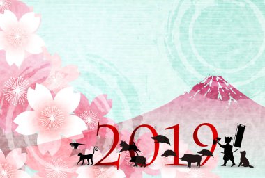 Yaban domuzu yeni yıl kartı Japon Kağıt arka plan