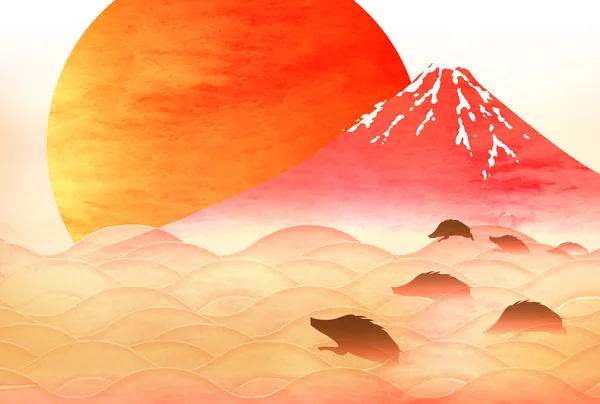 Wildschwein Neujahrskarte Fuji Hintergrund — Stockvektor