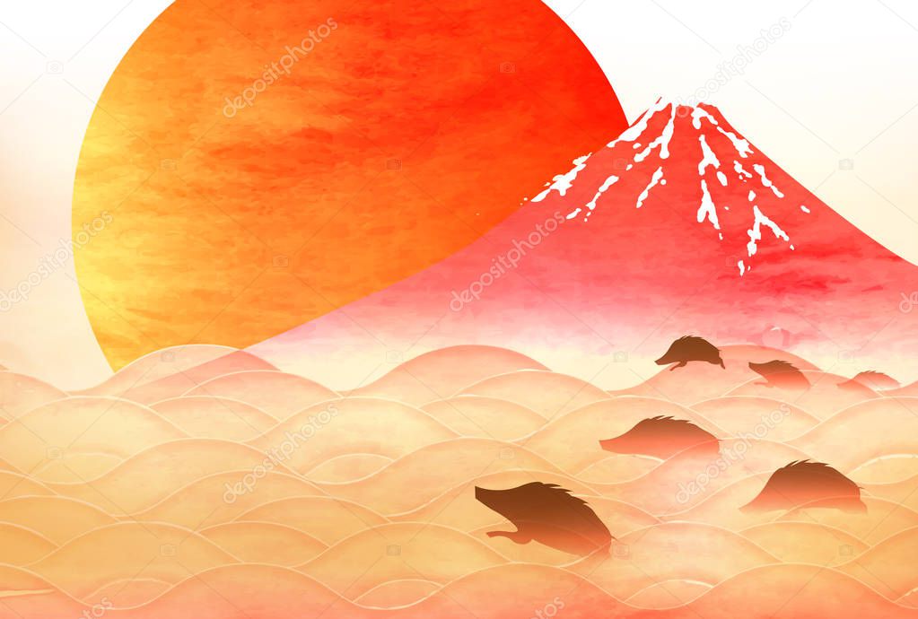 boar New Year card Mt. Fuji background