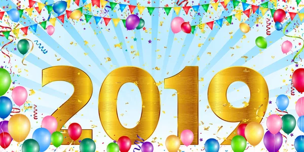 Yeni Yıl Kartı 2019 Balonlar Gündoğumu Arka Plan — Stok Vektör