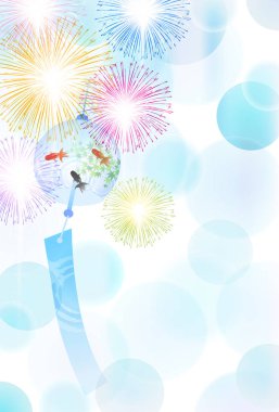 Yaz tebrik kartı rüzgar çanı havai fişek arka plan