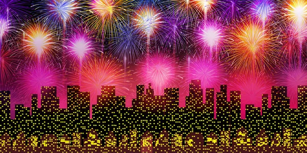 Pozadí Nočních Budov Aplikaci Fireworks — Stockový vektor