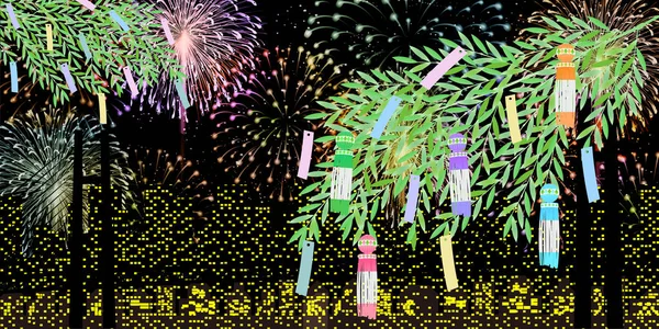Fireworks Tanabata Bay Bridge Pozadí — Stockový vektor
