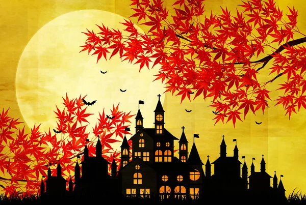 Halloween Pompoen Kasteel Herfst Bladeren Achtergrond — Stockvector