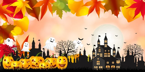 Halloween Calabaza Castillo Otoño Hojas Fondo — Vector de stock