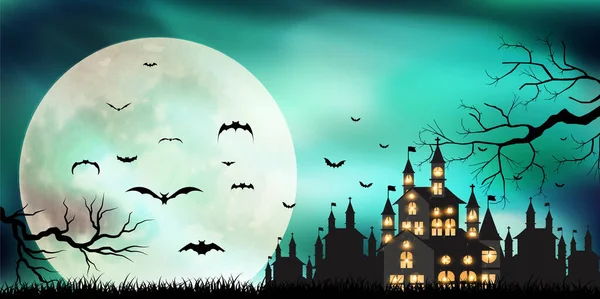 Halloween Kasteel Maan Vleermuis Achtergrond — Stockvector