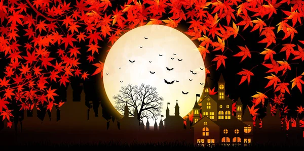 Halloween Kasteel Herfst Bladeren Achtergrond — Stockvector