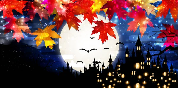 Halloween Autunno Foglie Luna Piena Sfondo — Vettoriale Stock