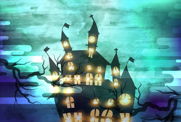Halloween Hrad Krajina Akvarel Pozadí — Stockový vektor