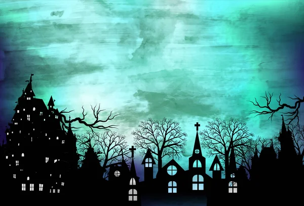 Halloween Schloss Landschaft Aquarell Hintergrund — Stockvektor