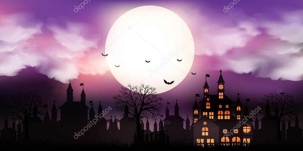 Halloween castle landscape watercolor background