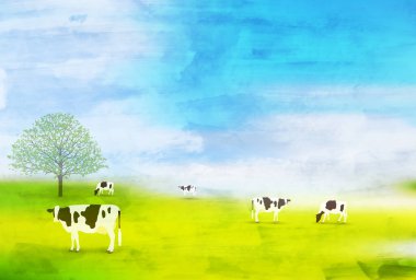 İnek Yeni Yıl kartı Watercolor arkaplanı