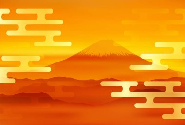 Japon desenli yeni yıl kartı Fuji Dağı arka planı