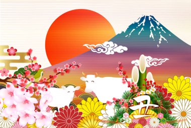 İnek Yeni Yıl Kartı Fuji arkaplanı