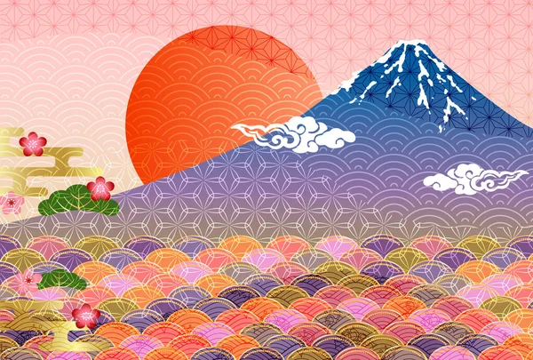 Fuji Sunrise Japanese Pattern Background — Stock Vector