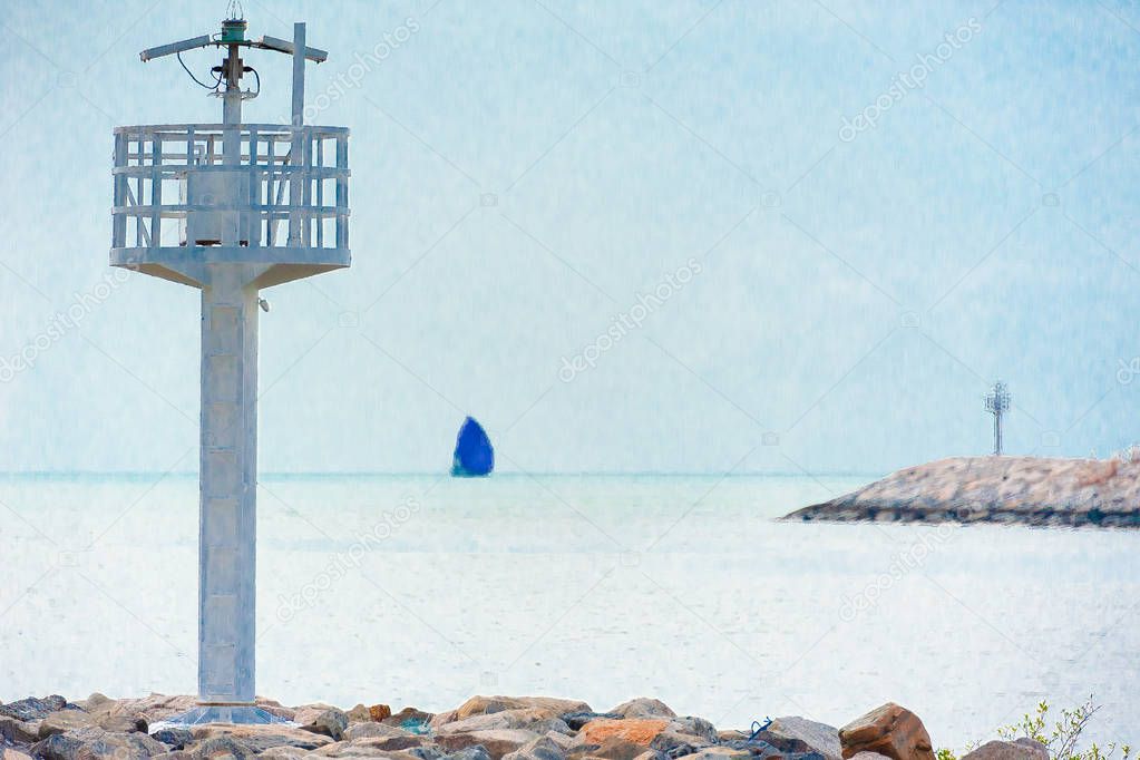 Lighthouses on rocky barriers. Digital brushwork of modern lighthouses on rocky barriers.