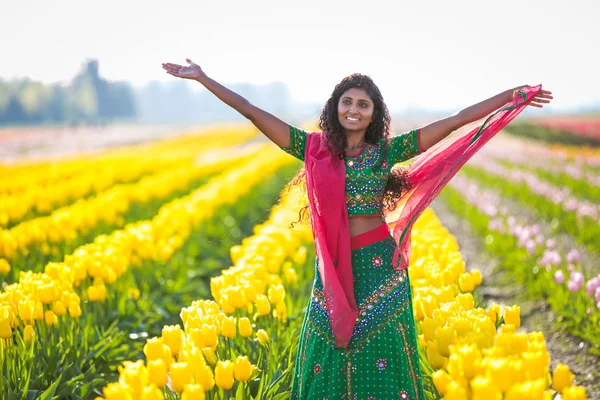 Mulher indiana bonita em vbrant vestido tradicional braços para fora mão Imagens De Bancos De Imagens Sem Royalties