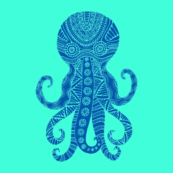 Adorno de fantasía hermoso pulpo, color azul, estilo vintage . — Vector de stock