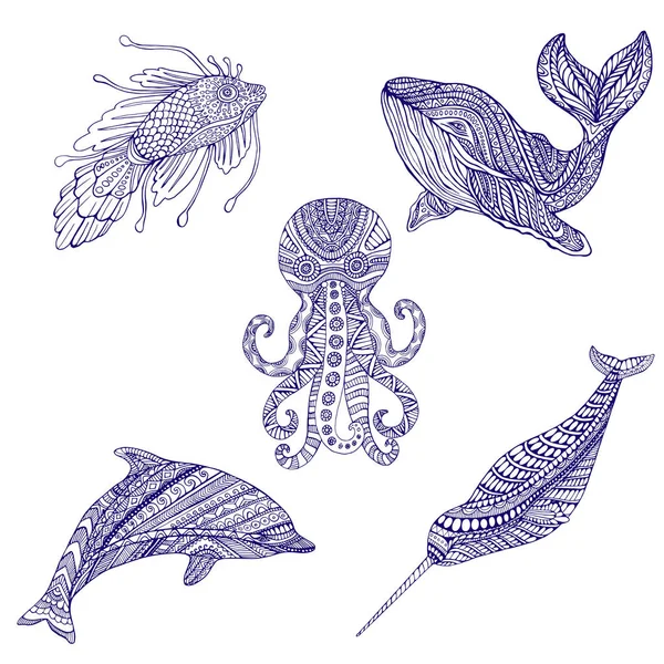 Conjunto de animais marinhos doodle ornamento coloração . — Vetor de Stock