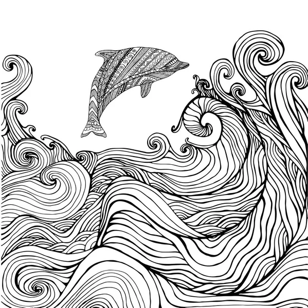 Yunus ve okyanus dalgaları çocuklar ve yetişkinler için sayfa boyama. — Stok Vektör