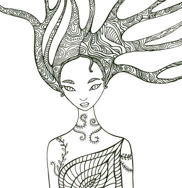 Fantaisie forêt femme coloriage page . — Image vectorielle