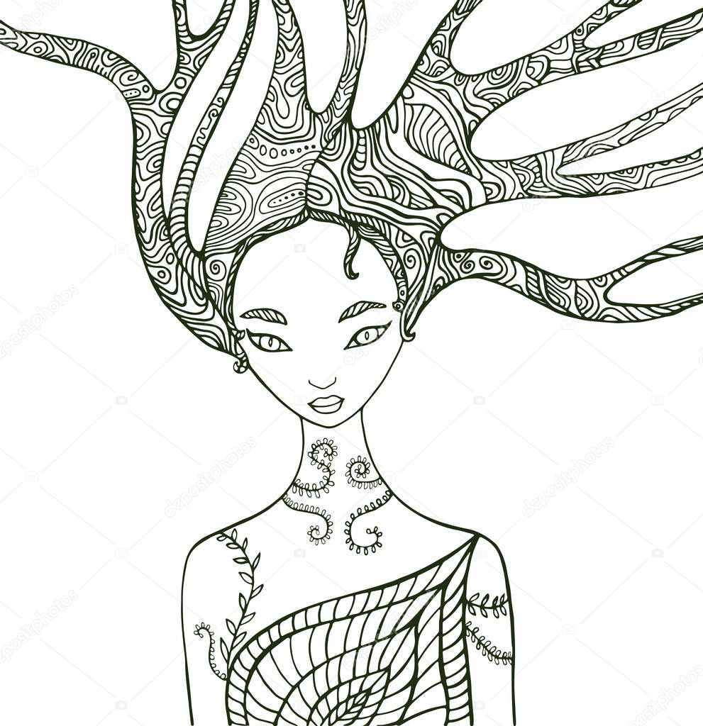 Fantasy forest woman coloring page.