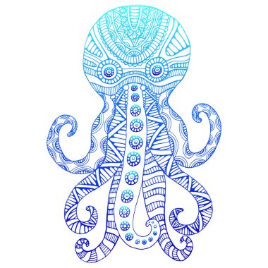 Vintage süs ahtapot degrade mavi renk anahat