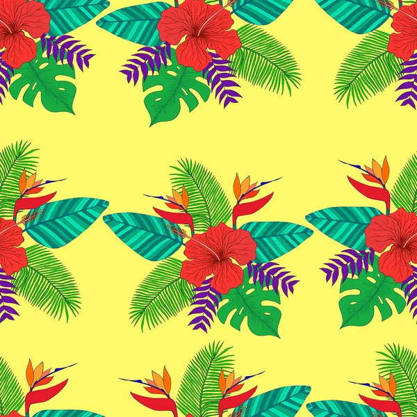 Тропические листья пальмы, гибискус цветов, райская птица без швов p — стоковый вектор