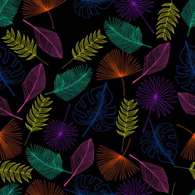 Tropikal palmiye yaprağı anahat renkli seamless modeli, siyah renk arka plan. Dekoratif egzotik bitki. Doodle yaprakları kart çizim vektör el.