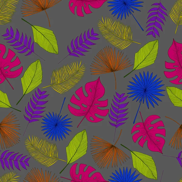 다채로운 열 대 야자수 잎 완벽 한 패턴, 회색 컬러 backgr — 스톡 벡터