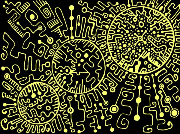 Espaço psicodélico estilo cyberpunk, contorno amarelo em um bac preto — Vetor de Stock