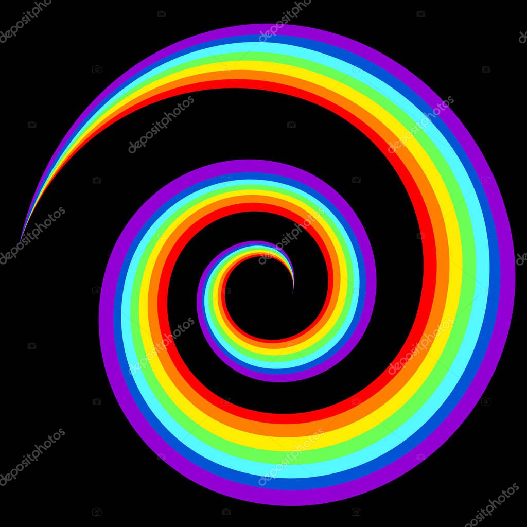 Rainbow swirl abstract figure in black background. Vector psychedelic decorative element. Colorful spiral logo template. Spectrum emblem symbol.