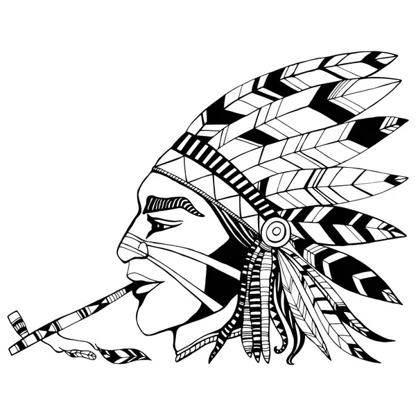 民族のコスチュームでインディアンのシャーマン ページゲームを着色平和のパイプを吸う — ストックベクタ