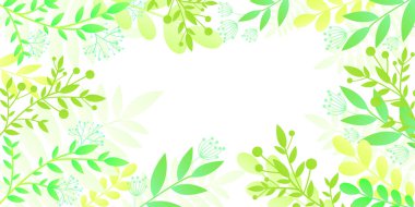 Parlak yeşil bitkiler ile renkli davetiye kartı. Düz stilde şablon çerçevesi, izole beyaz arka plan. Metin için alan vektör arka plan - bitkiler, afiş, tebrik kartı, poster için. 