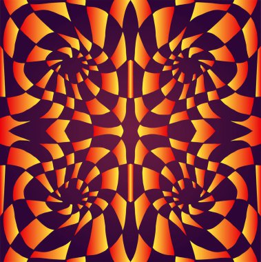 Psychedelic trippy renkli soyut süs, degrade parlak turuncu, sarı, renkler anahat, koyu arka plan üzerinde. Dekoratif gerçeküstü desen. Vektör illüstrasyon. Şamanik halüsinojenik doku